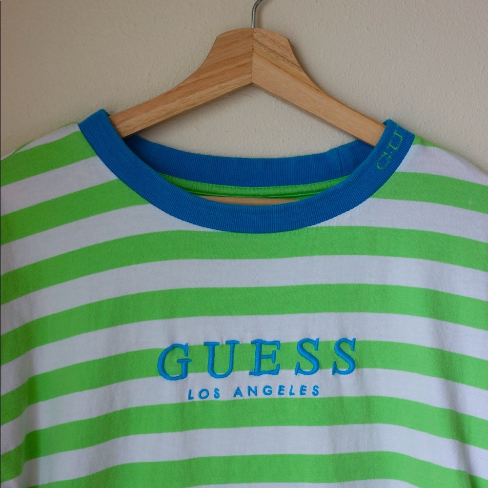 GUESS STRIPED TEE SHIRT GREEN LARGE